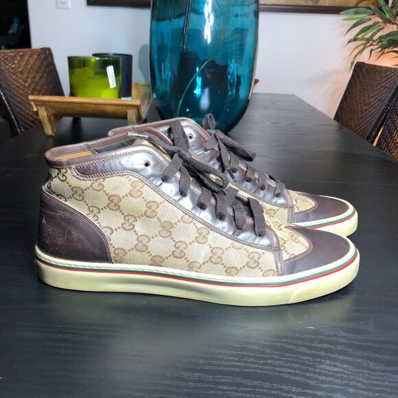 Gucci GG Wingtip Canvas High Top Sneakers Beige Brown 163236 9G Men’s US 10 - Picture 2 of 11